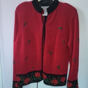 Elegant Red Cardigan with Floral Accents